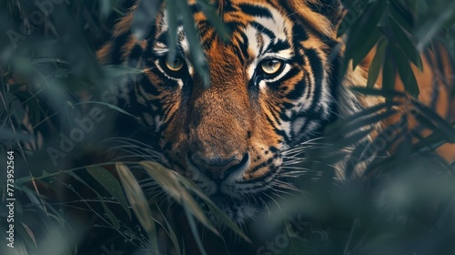 Intense close up of the piercing eyes of a wild tiger lurking in the dense jungle underbrush highlighting the majestic and fearsome beauty of the animal