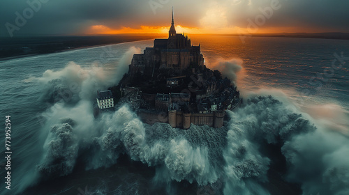 Mont-Saint-Michel and its surrounding bay in stormy wheather. photo