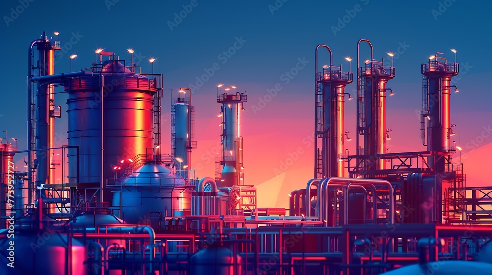 Fototapeta premium oil and gas power plant refinery with storage tanks facility for oil production or petrochemical factory infrastructure. Generative Ai