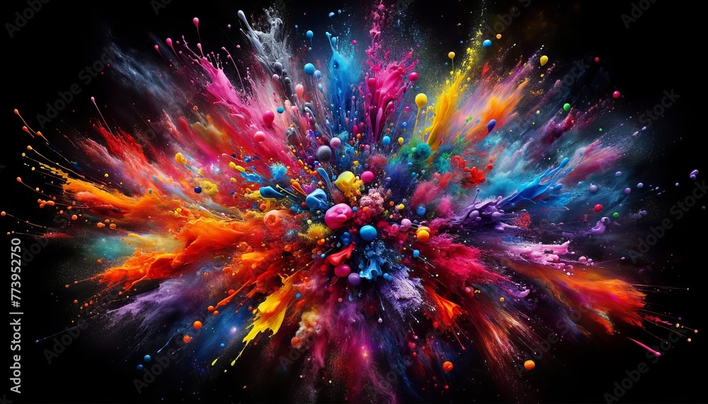 Explosion of colorful paint splatters creating a dynamic, abstract cosmic burst.