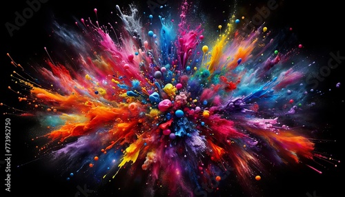 Explosion of colorful paint splatters creating a dynamic  abstract cosmic burst.