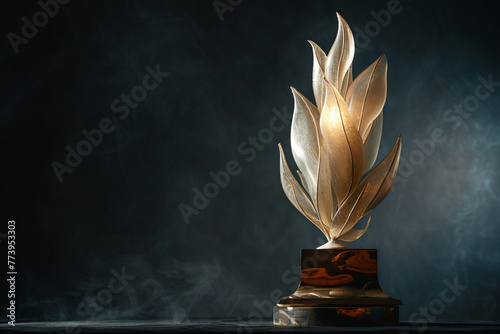 Create a trophy design that blends metallic elements with ethereal light, creating a sense of luminosity and refinement against the velvety darkness of a black backdrop photo
