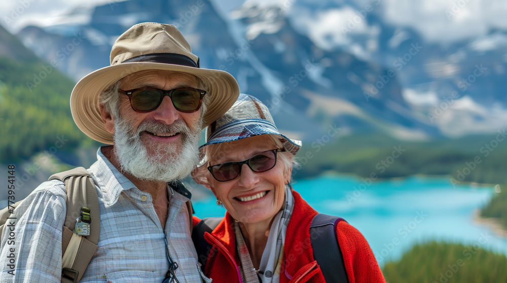 elderly couple posing with the mountains on their backs, both smiling and wearing hats.