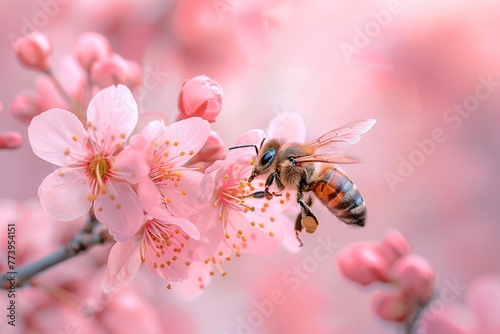 a bee on a flower with blurred background, cherry blossoms. ai generated © Andrei