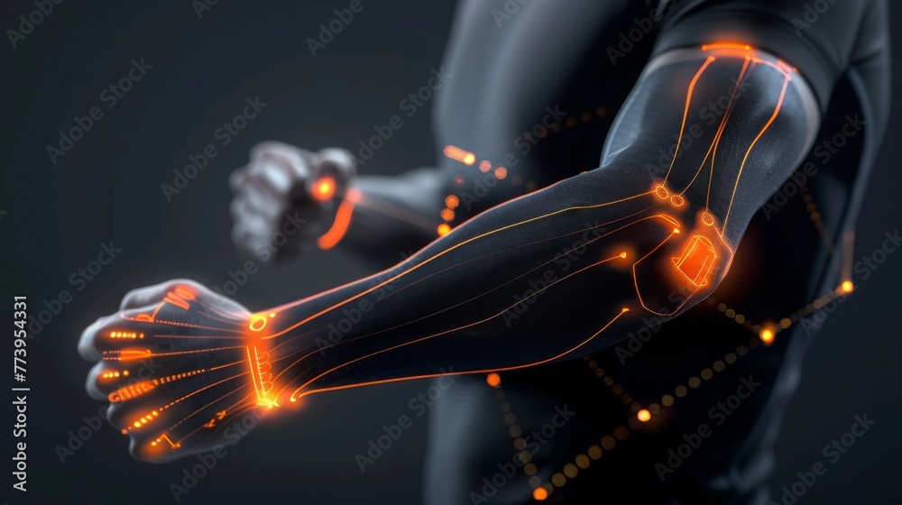 Close-Up View of a Human Arm With Futuristic Biometric Data Overlay - obrazy, fototapety, plakaty 