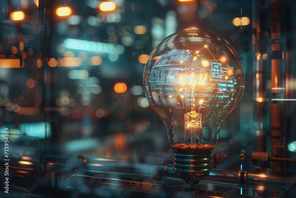 Pan idea bulb amidst a modern, futuristic setting, metallic surfaces, and digital screens. Pan idea bulb amidst a modern, futuristic setting, metallic surfaces, and digital screens.