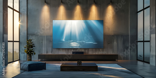 Big tv wall screen in modern living room television set in luxury interior generative ai, Living room with big tv on the wall in the room in a modern style elegant lixury living room with big tv scree