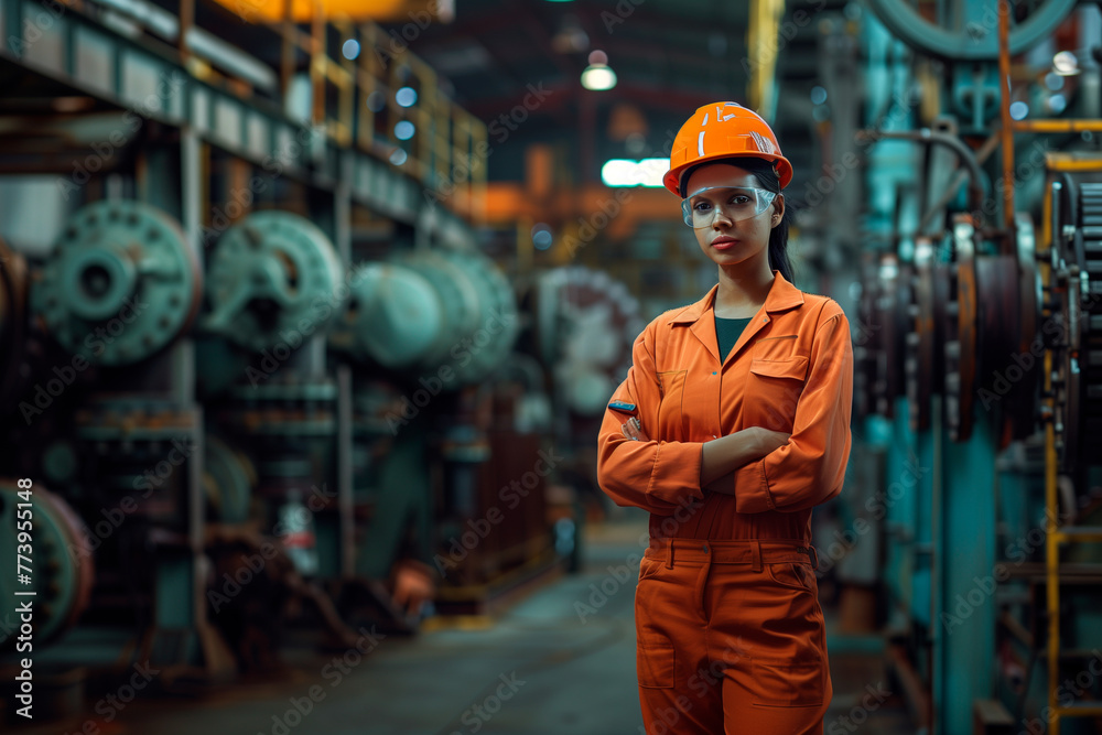 Portrait of a female engineer in a hardhat. Industrial background