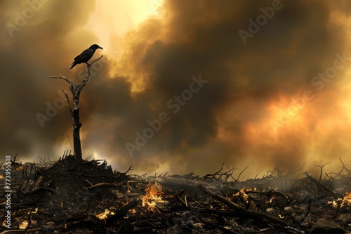 Lone Raven Overlooking Fire-Ravaged Wasteland, Smoke Billowing Against Fiery Sky, Concept of Destruction and Renewal