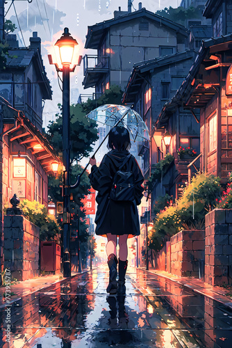 Girl walking down the street with an umbrella on a rainy day