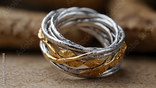 An artisan-crafted ring made of intertwined silver and gold leaves, embodying the harmony of nature Generative AI