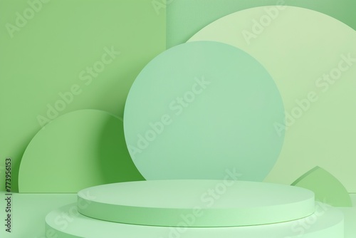 Blank light green round geometric shape podium platform on paper cut abstract geometric shape green background. Top view mock up for product display
