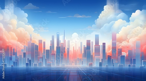 A blue colored abstract background with high buildings  in the style of cloudpunk  concise background  light red and orange. For Design  Background  Cover  Poster  Banner  PPT  KV design  Wallpaper