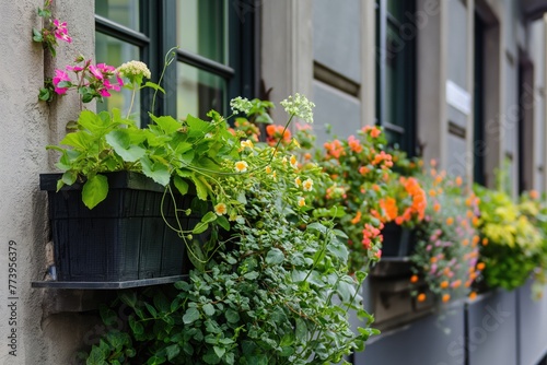 Flower filled window boxes. Closeup of green perennial plants in window planters boxes adorning city building. Urban gardening landscaping design © ERiK