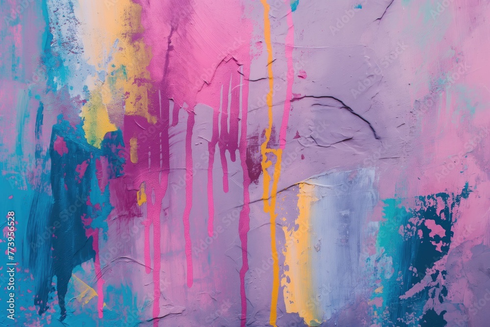 Fototapeta premium Messy paint strokes and smudges on an old painted wall. Pink, purple, yellow, blue color drips, flows, streaks of paint and paint sprays