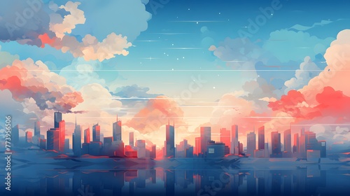A blue colored abstract background with high buildings  in the style of cloudpunk  concise background  light red and orange. For Design  Background  Cover  Poster  Banner  PPT  KV design  Wallpaper