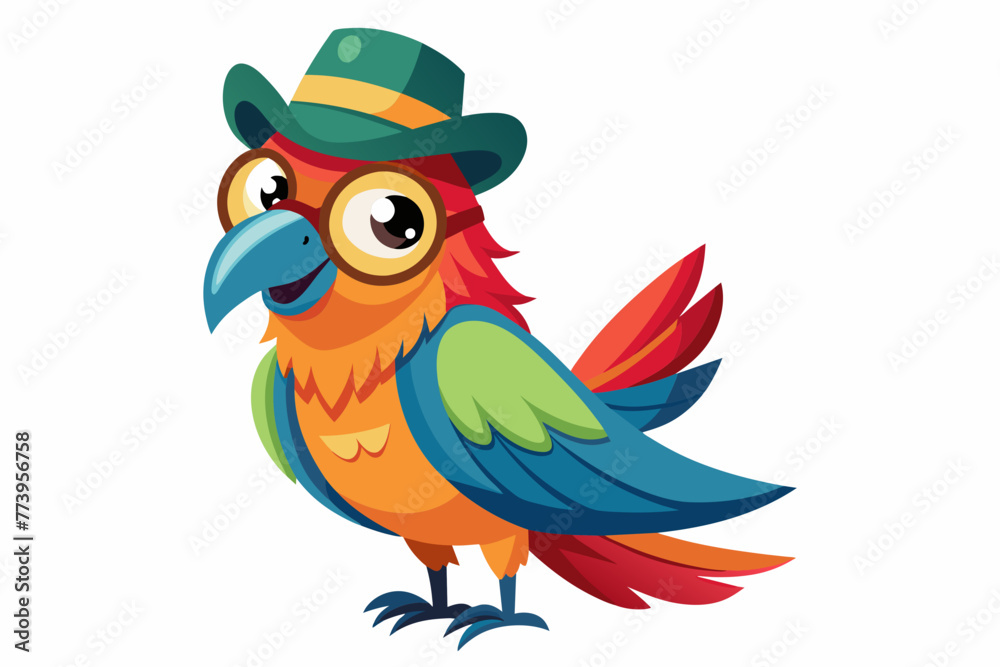 cute parrots, full body, Vibrant brush color, wear glasses and hat, smiling, vintage, grainy textures, color overlay, white background cute parrots, full body, Vibrant brush color, wear glasses and hat, smiling, vintage, grainy textures, color overlay, white background