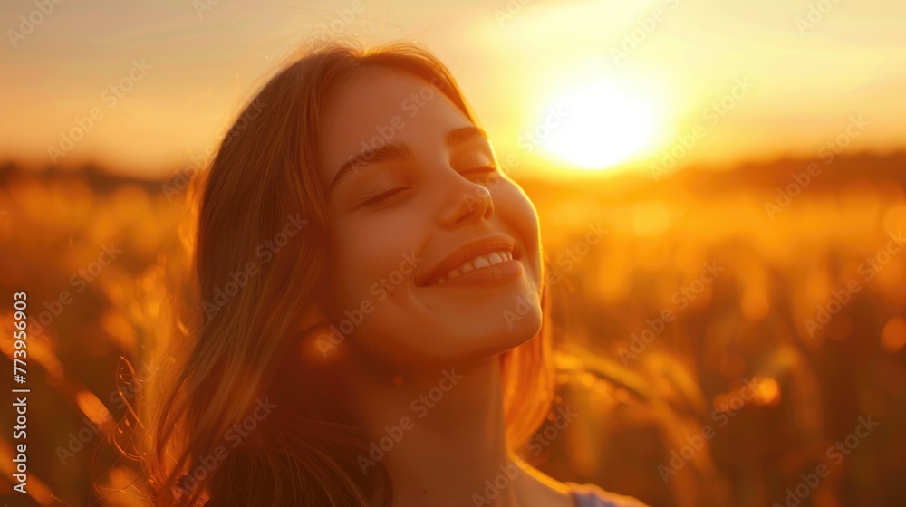 Happiness woman stay outdoor under sunlight of sunset. Beauty Romantic Girl Outdoors. Beautiful Teenage Model girl in Casual Short Dress on the Field in Sun Light. Autumn.