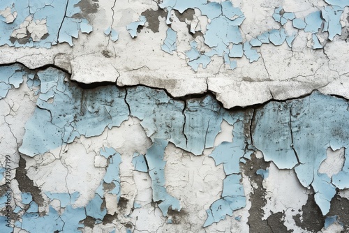 White blue gray black peeling painted wall. Old building wall with cracked flaking paint. Weathered rough painted surface cracks and peeling