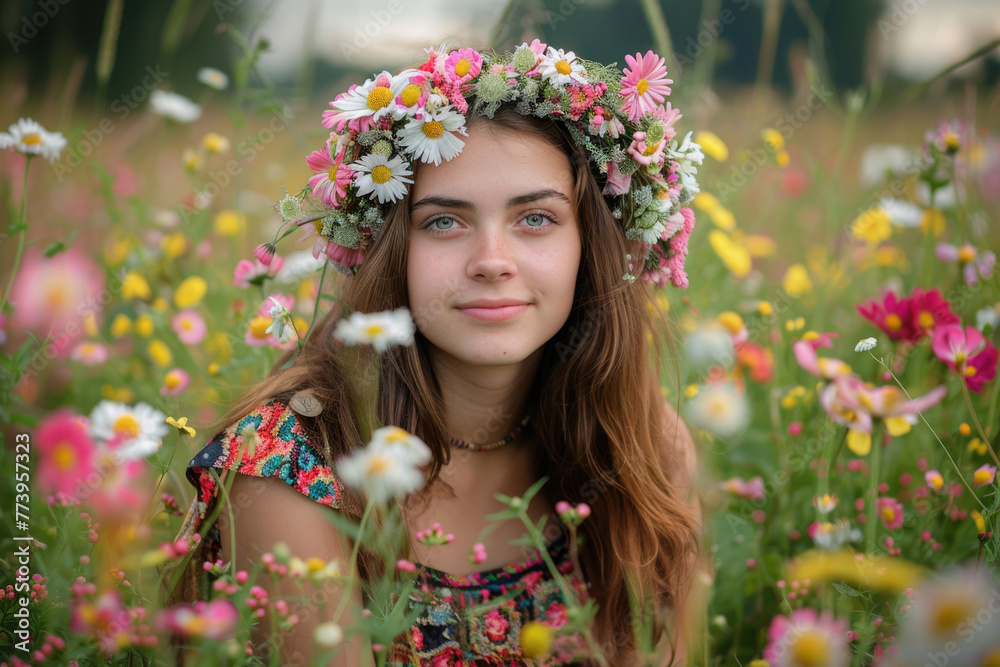 A portrait of a young woman with a flower crown on her head, sitting in a field of flowers