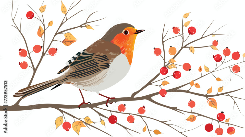 Cartoon beautiful robin bird posing on the berry tree