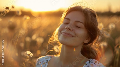 Happiness woman stay outdoor under sunlight of sunset. Beauty Romantic Girl Outdoors. Beautiful Teenage Model girl in Casual Short Dress on the Field in Sun Light. Autumn. © millenius