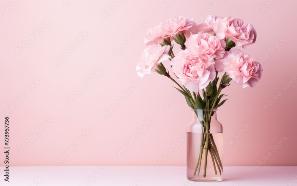 Tender carnation flowers in a glass vase on pastel pink background