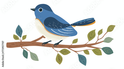 Cartoon blue bird sitting on tree branch flat vector