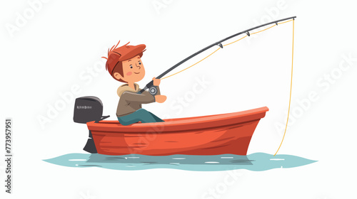 Cartoon boy fishing on a boat flat vector