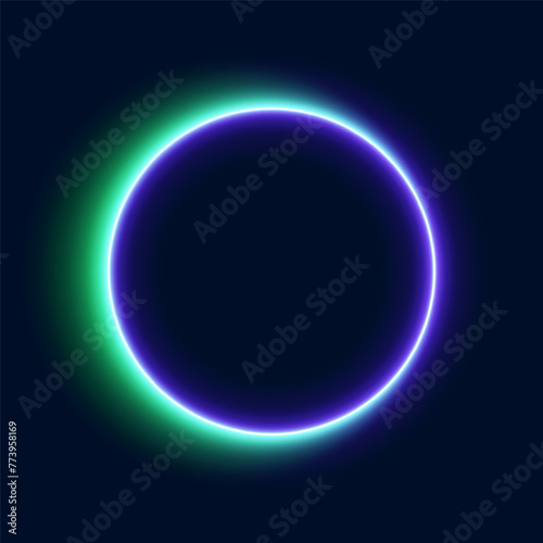 Purple and green neon circle, isolated frame on dark background, vector illustration.