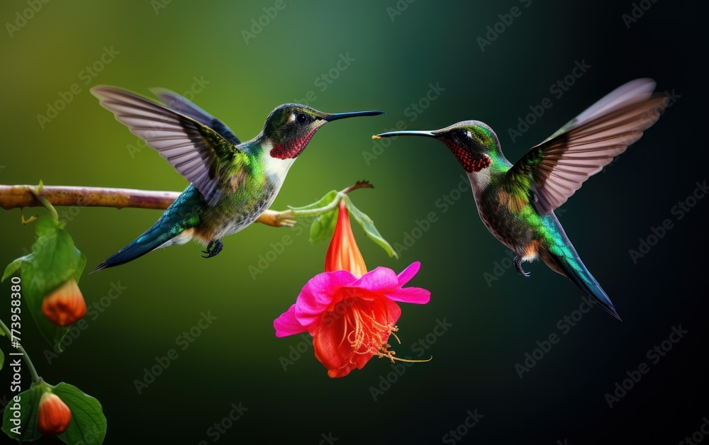 Two hummingbird bird with pink flower Two hummingbird bird with pink flower