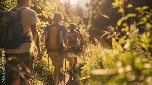 A group of people are walking through a forest
