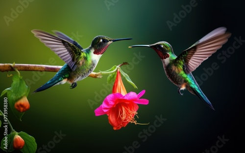 Two hummingbird bird with pink flower © Muh