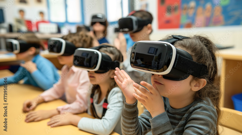 A group of children are wearing virtual reality goggles and sitting at a table A group of children are wearing virtual reality goggles and sitting at a table