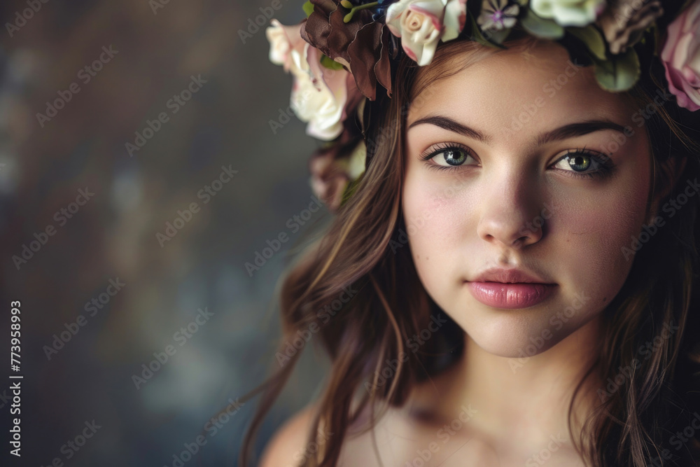 A creative and artistic portrait of a young woman with a flower crown on her head