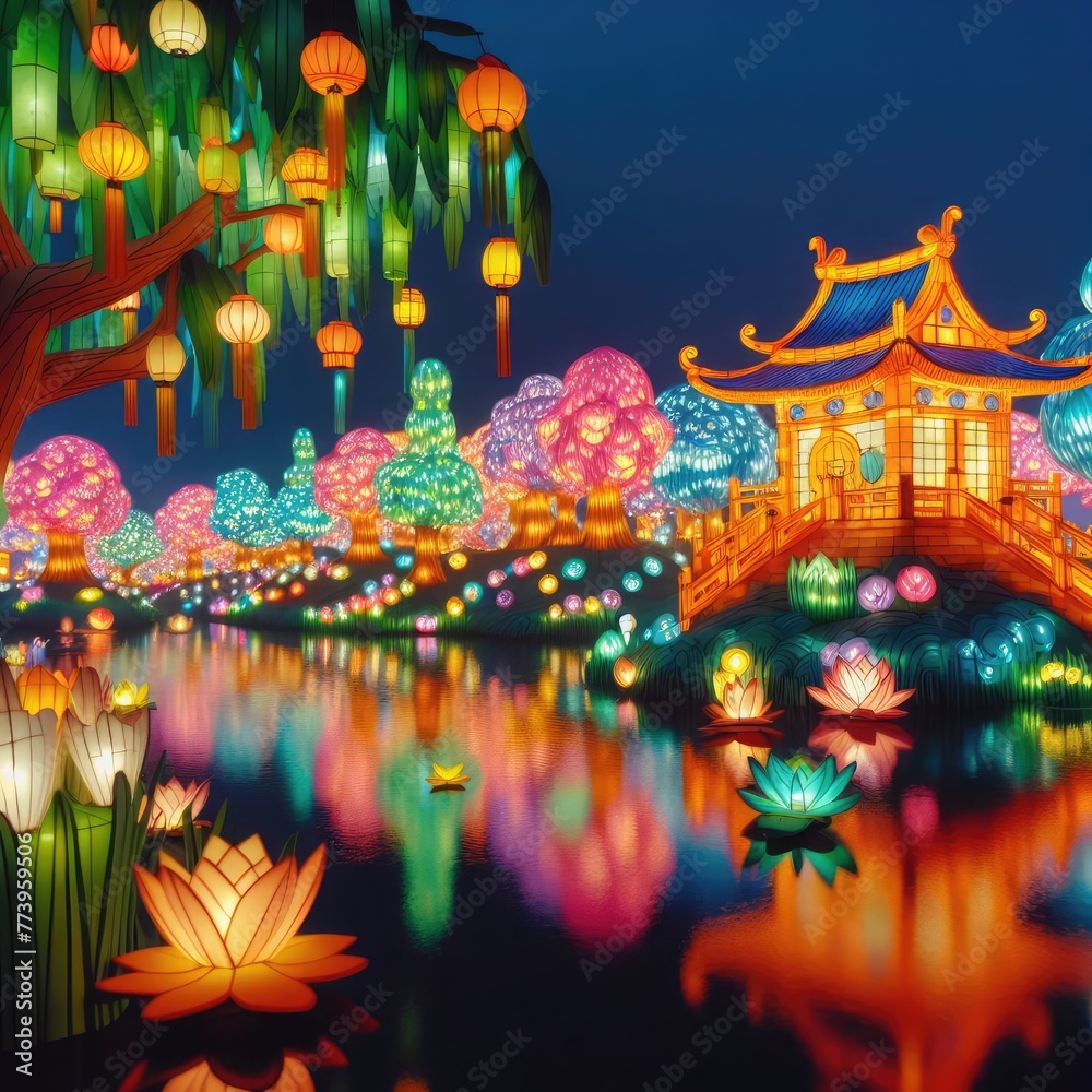 A claymation image of a serene colorful nighttime lantern festival illuminating the sky