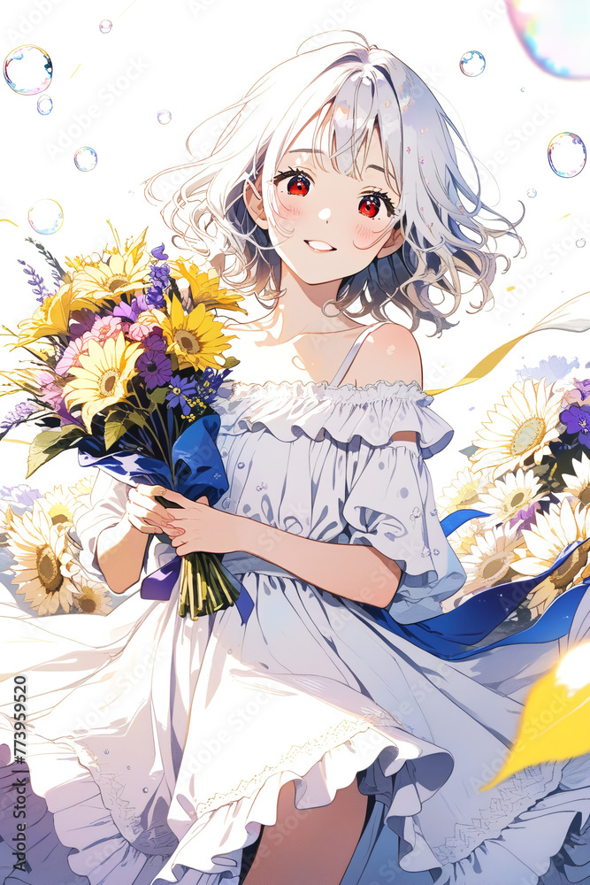 Girl smiling brightly holding a bouquet of flowers Girl smiling brightly holding a bouquet of flowers