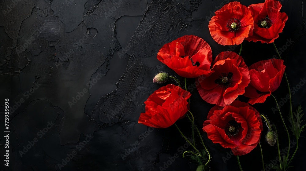 Red poppies on black background. Generative Ai Red poppies on black background. Generative Ai