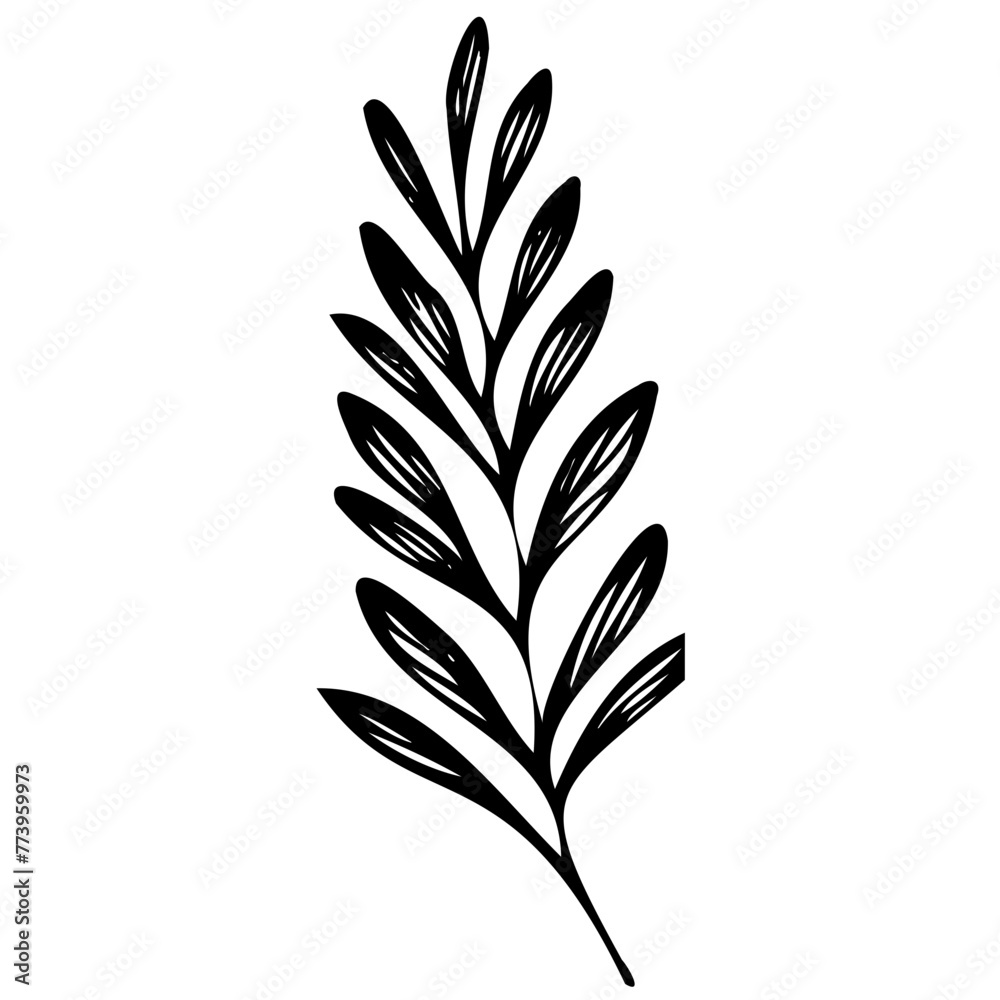 Fototapeta premium Hand drawn leaves line linear black strock Symbol visual illustration Botanical drawing. Minimal plant logo, meadow greenery, leaf and blooming flower abstract sketch element collection, linear rustic