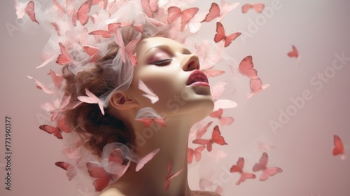 Womans Face Surrounded by Butterflies