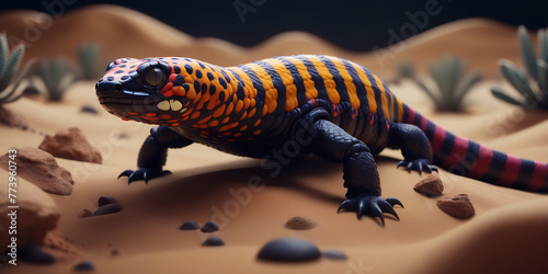 gila monster slowly crawling across the desert floor - isolated on dark background - colorful pattern and unique textures in nature, photo