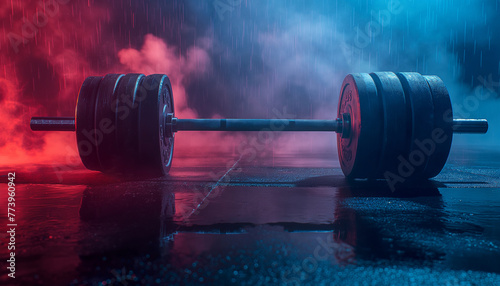 Gym equipment in cinematic lighting, dynamic blue and red lights with smoke, gym scene