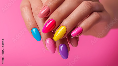 Colorful Manicure on Pink Background