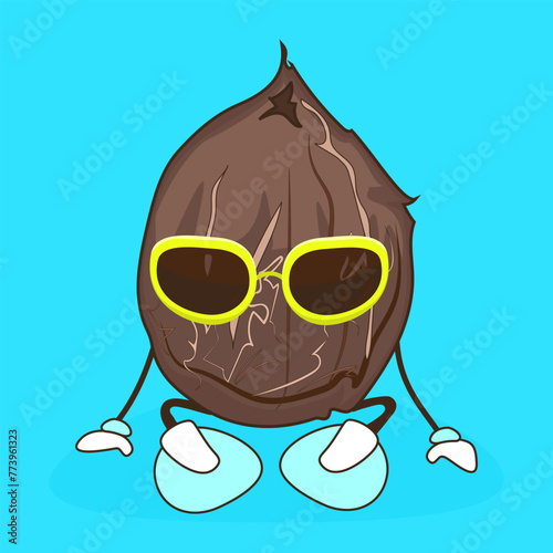 Vector cartoon image of a sitting coconut wearing yellow sunglasses on a blue background 