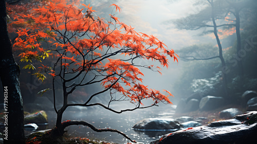 autumn forest in the morning,a tree with red leaves in the background,Mysterious forest in the blue autumn mist Charming tree with orange-red leaves, colorful landscape.