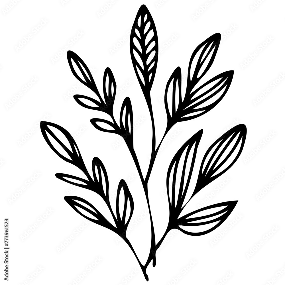 Hand drawn leaves line Symbol visual illustration Floral branch and minimalist flowers for logo or tattoo. Hand drawn line wedding herb, elegant leaves for invitation Botanical rustic trendy greenery