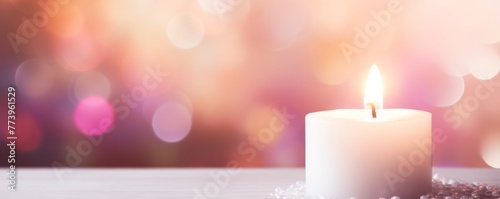 White candle is burning on light blurry background, banner calm concept. Generative Ai.