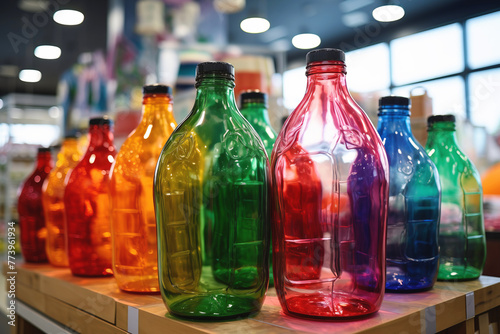 Colorful transparent plastic bottles displayed in a row.