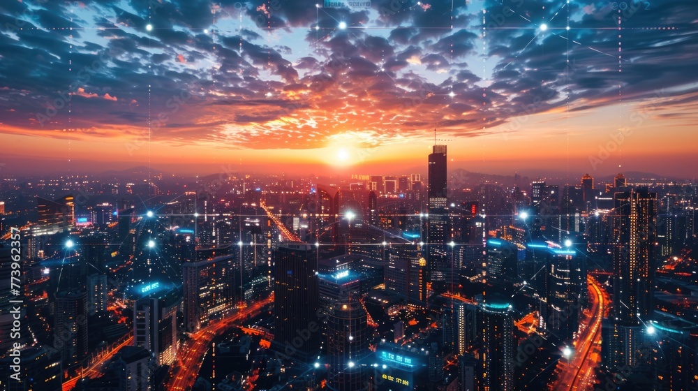 Fototapeta premium City view at night, business network connections concept.