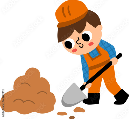 Vector cartoon builder with digging earth with shovel. Cute repairmen illustration for kids isolated on white background. Funny worker in helmet with spade. Profession icon for children.